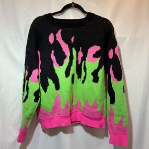 Cider Neon Flame Crewneck Sweater - Black, Pink & Green Size Large